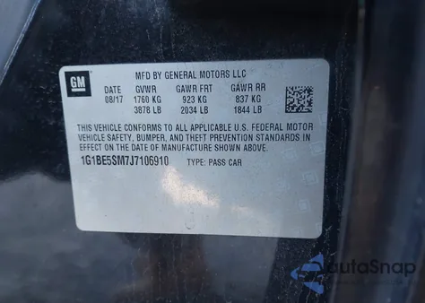 2018 Chevrolet Cruze Lt Auto z USA, uszkodzony, nr VIN 1G1BE5SM7J7106910